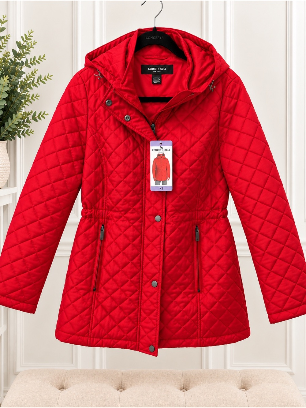 NWT Kenneth Cole New York Red Quilted Hooded Puffer Jacket XS